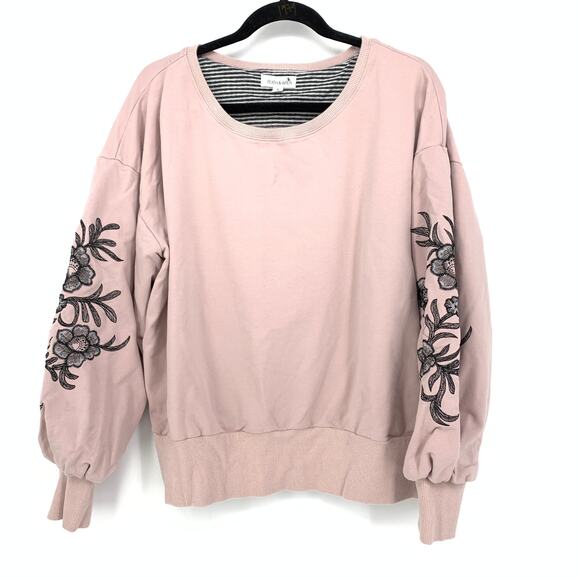 Reath & Wren Pullover Sweatshirt Womens XL Light Pink Embroidered Floral Sleeves - Picture 1 of 6